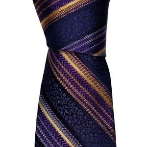 XMI Platinum Silk Necktie Men's Navy Blue Purple Striped Designer Tie EUC